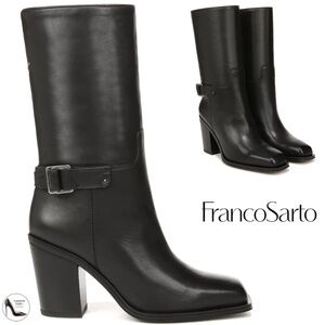 Franco Sarto Women's Vance  Black leather Square Toe Mid Calf Block Heel Boots